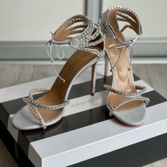 Aquazzura Luminous 105 mm Silver Leather Crystal-Embellished Sandals / Heels - Picture 13 of 17